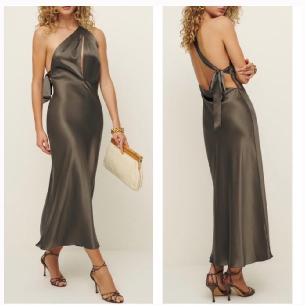 Reformation Olive Satin One-Shoulder Maxi Dress